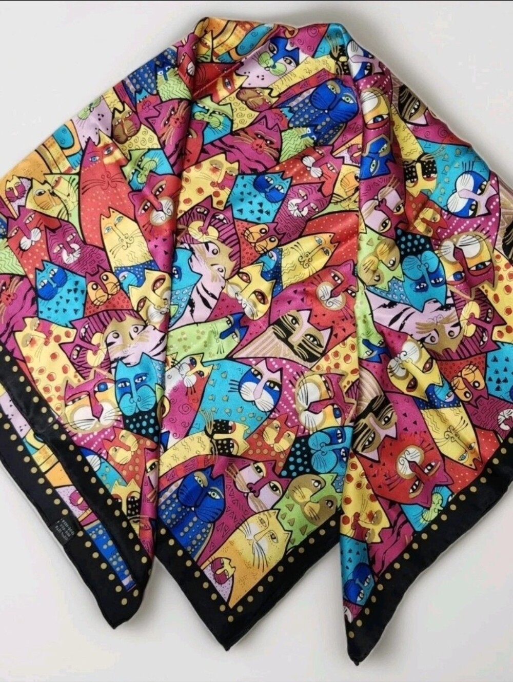 Vtg Laura Birch 100% Silk Scarf Colorful Cat Print / Square / Bright Multicolor